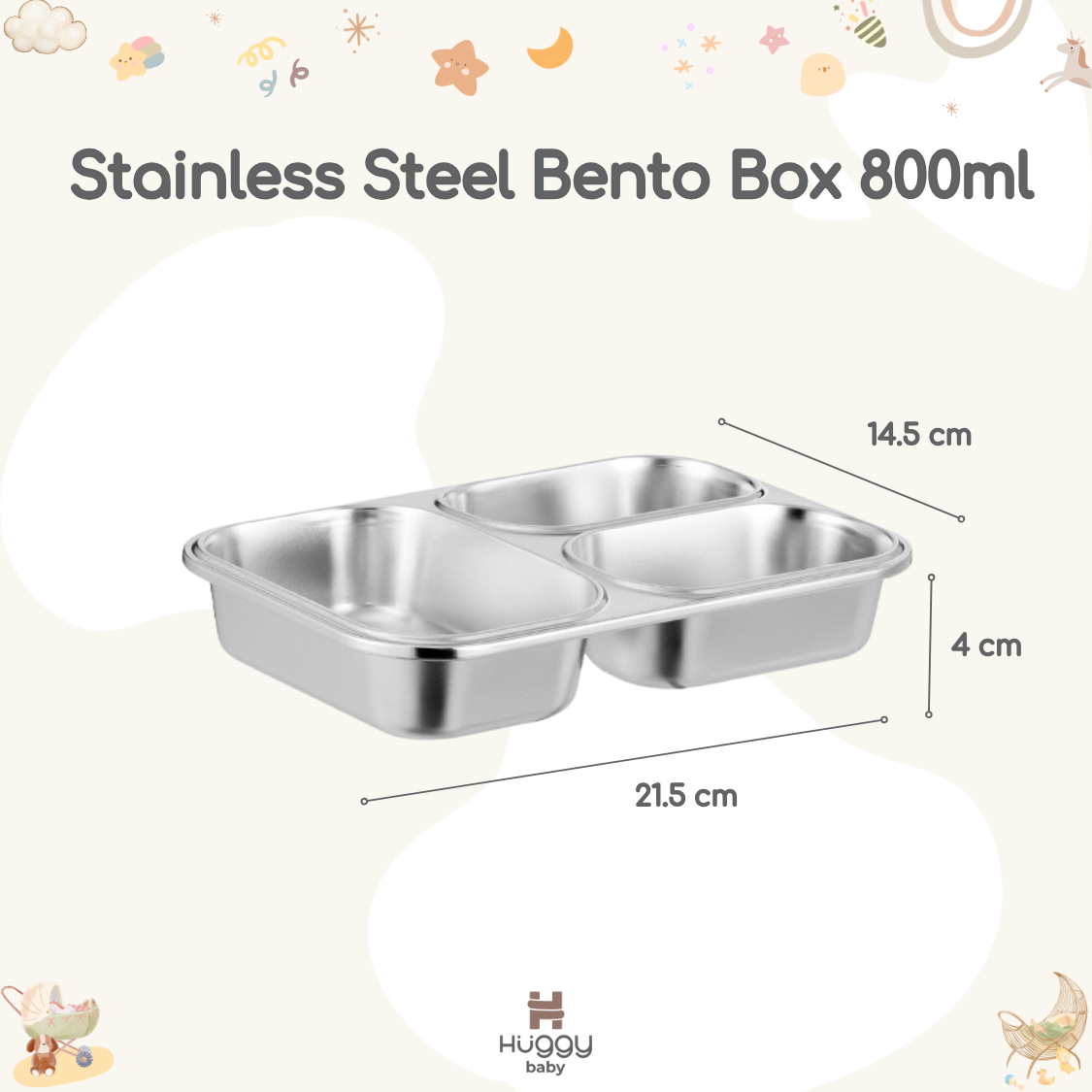 Huggy Baby KM06 Stainless Steel Bento Box 800ml | Kotak Makan Anti Tumpah