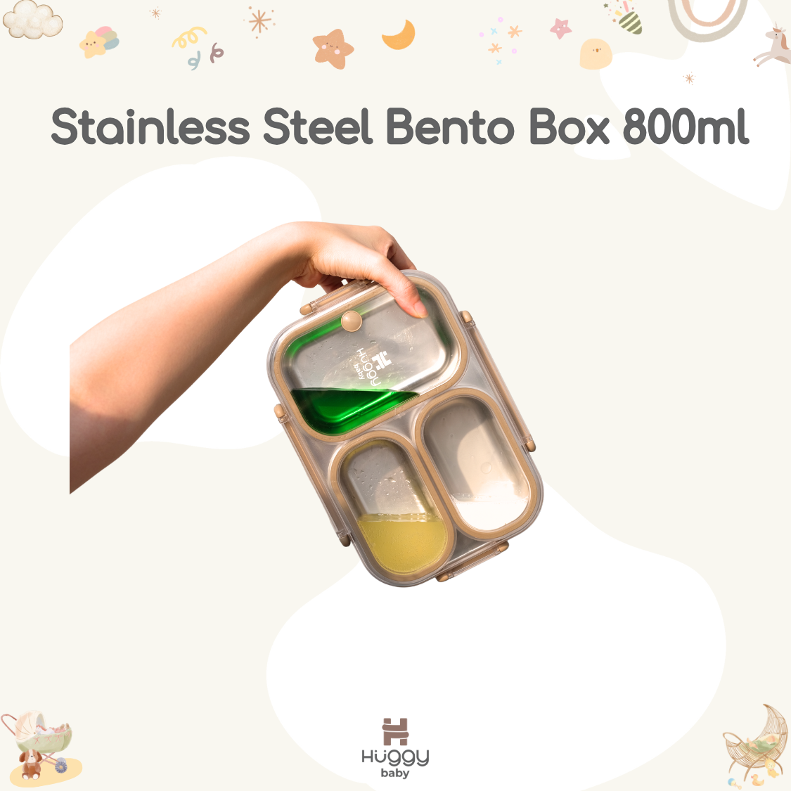 Huggy Baby KM06 Stainless Steel Bento Box 800ml | Kotak Makan Anti Tumpah