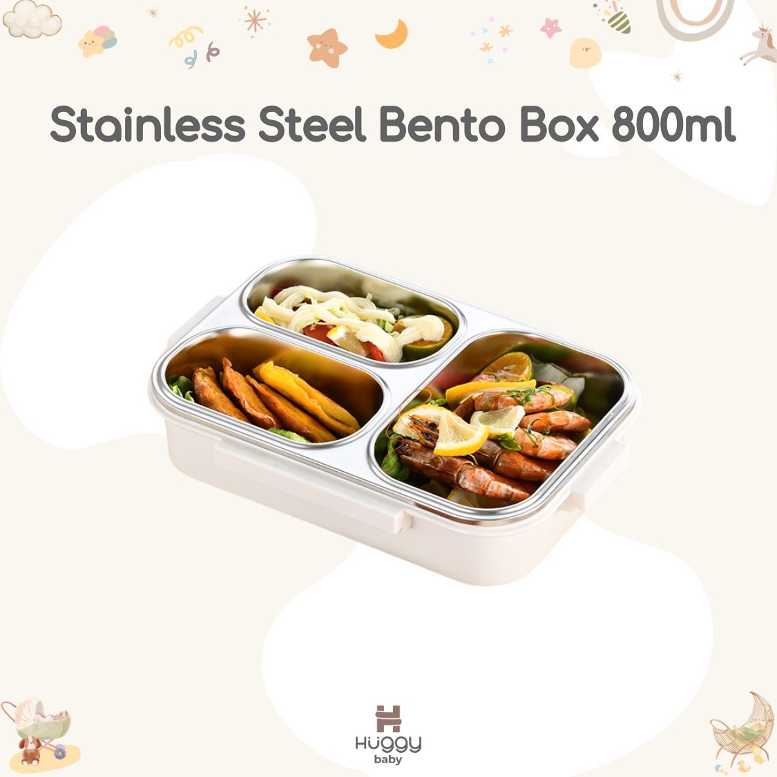 Huggy Baby KM06 Stainless Steel Bento Box 800ml | Kotak Makan Anti Tumpah