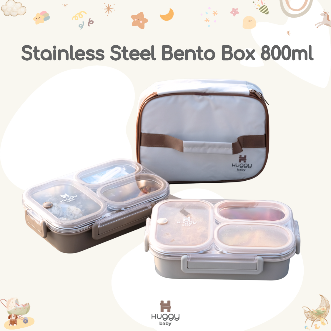 Huggy Baby KM06 Stainless Steel Bento Box 800ml | Kotak Makan Anti Tumpah