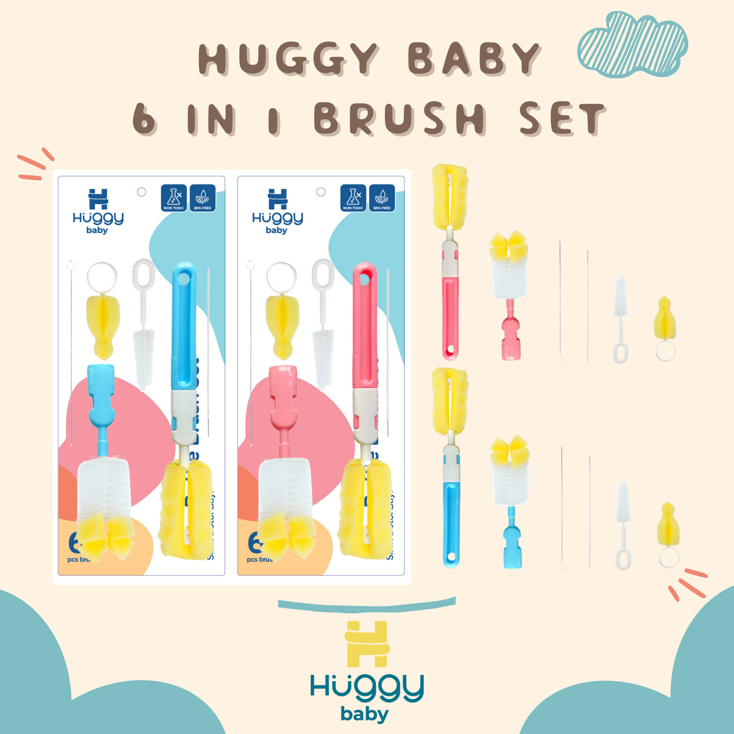 Huggy Baby BR002 6in1 Set Sikat Botol Bayi Biru