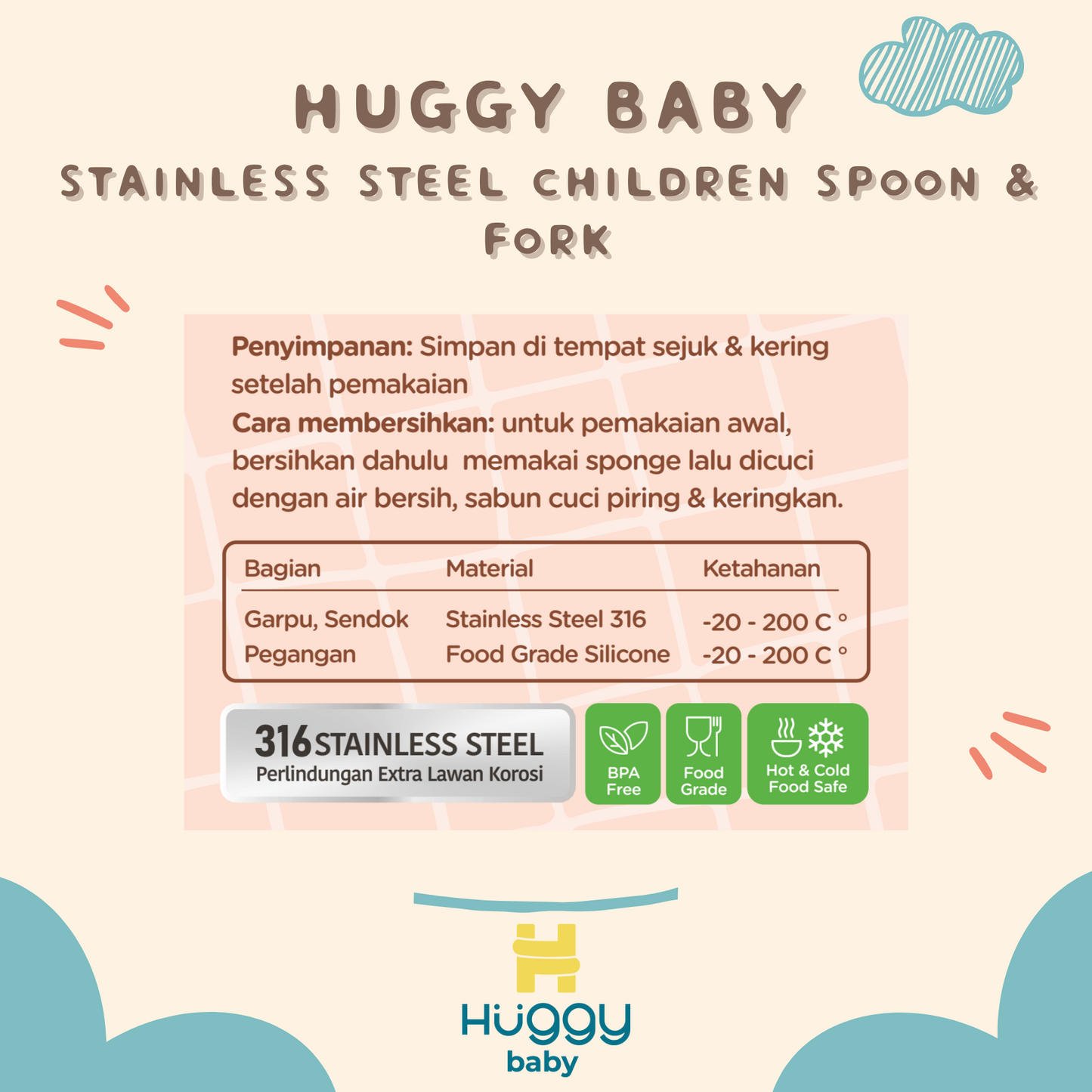 Huggy Baby SS01 Stainless Steel Children Spoon & Fork