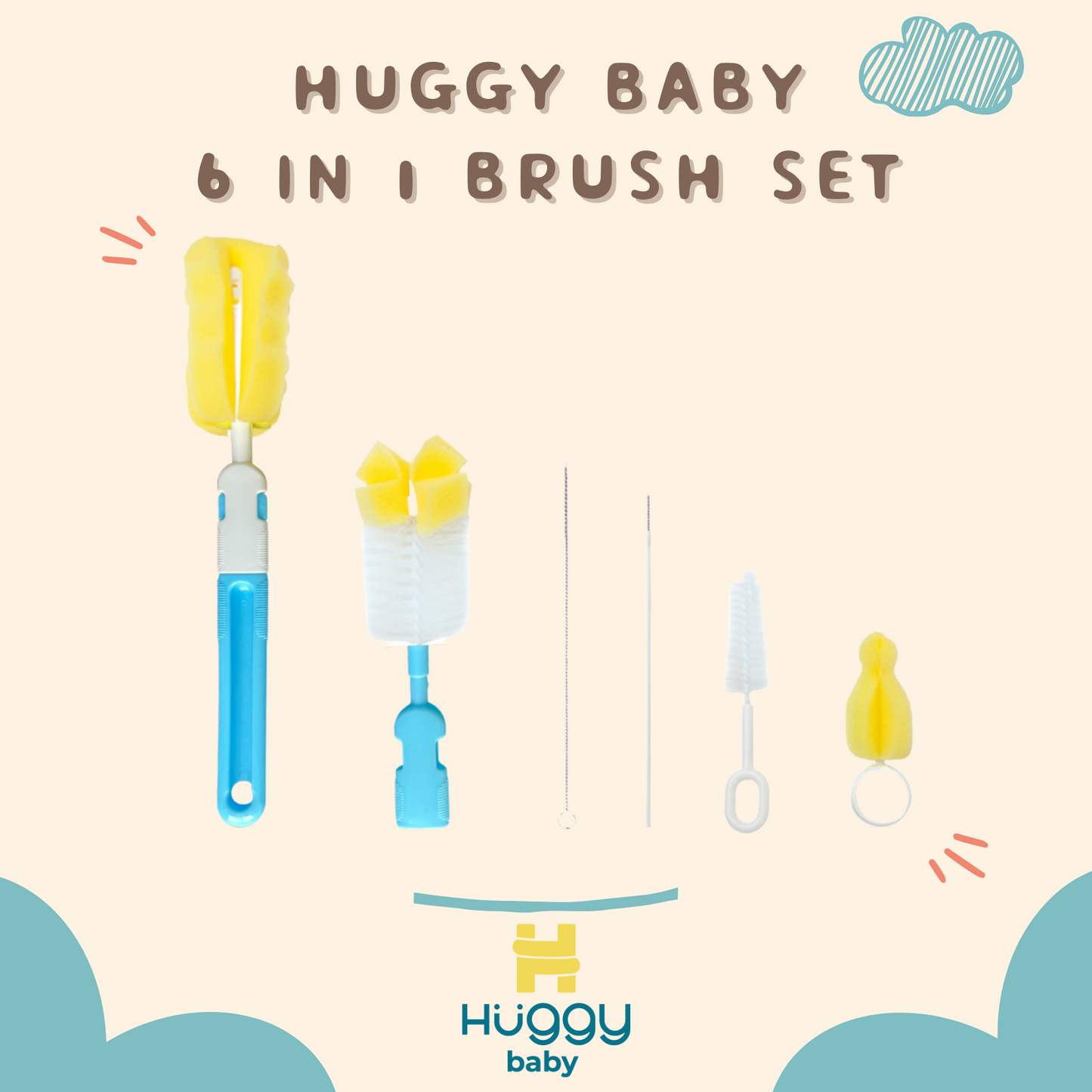 Huggy Baby BR002 6in1 Set Sikat Botol Bayi Biru