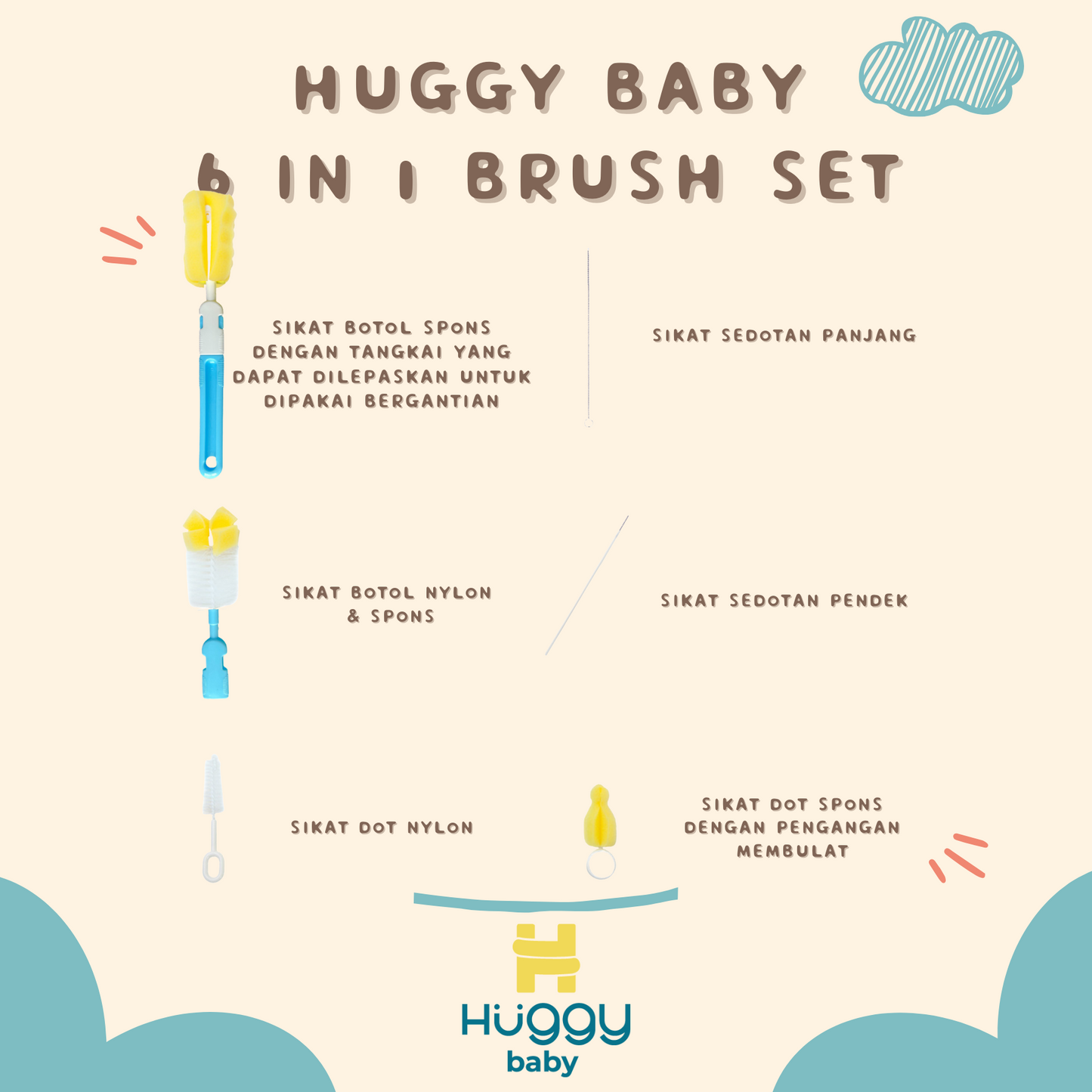 Huggy Baby BR002 6in1 Set Sikat Botol Bayi Biru