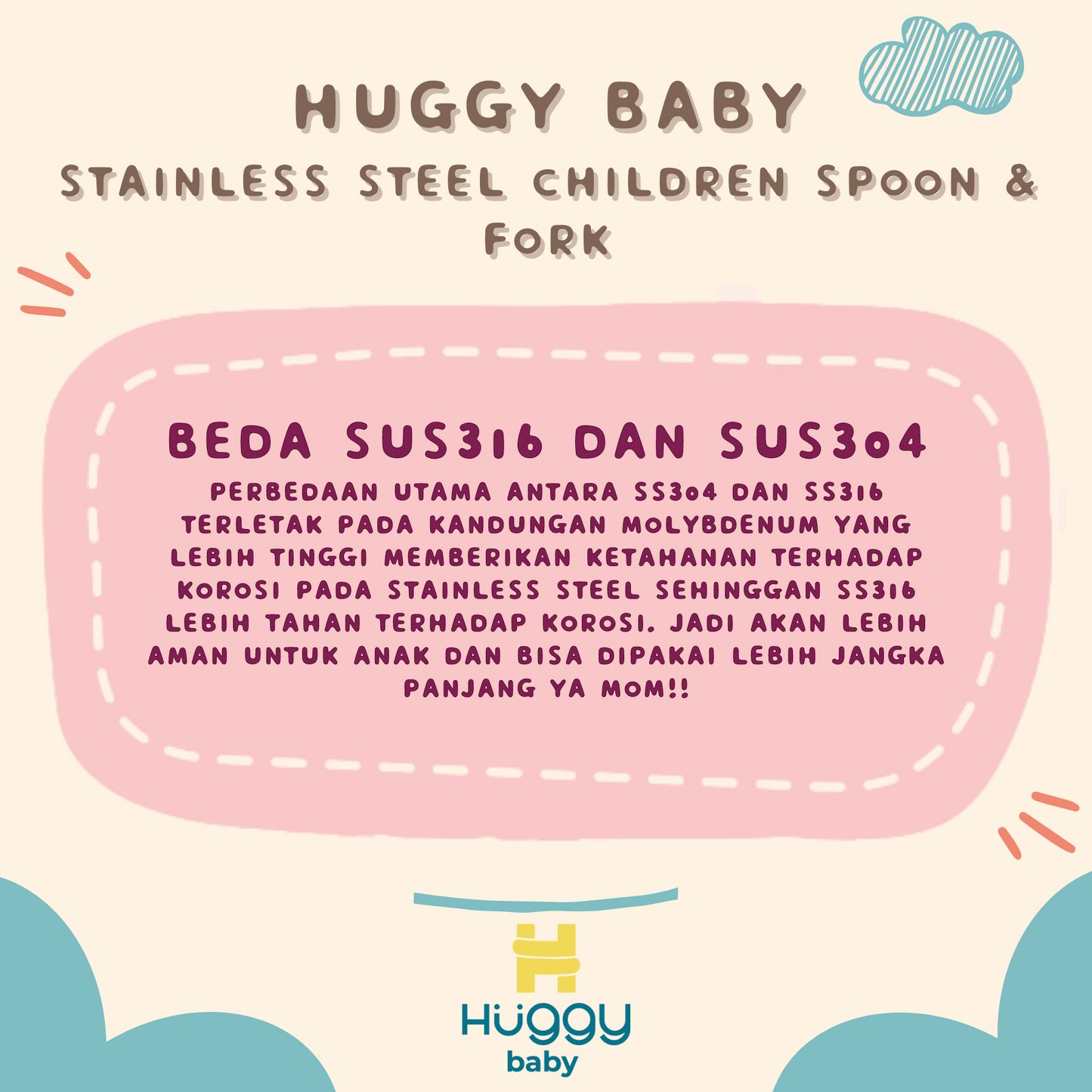 Huggy Baby SS01 Stainless Steel Children Spoon & Fork