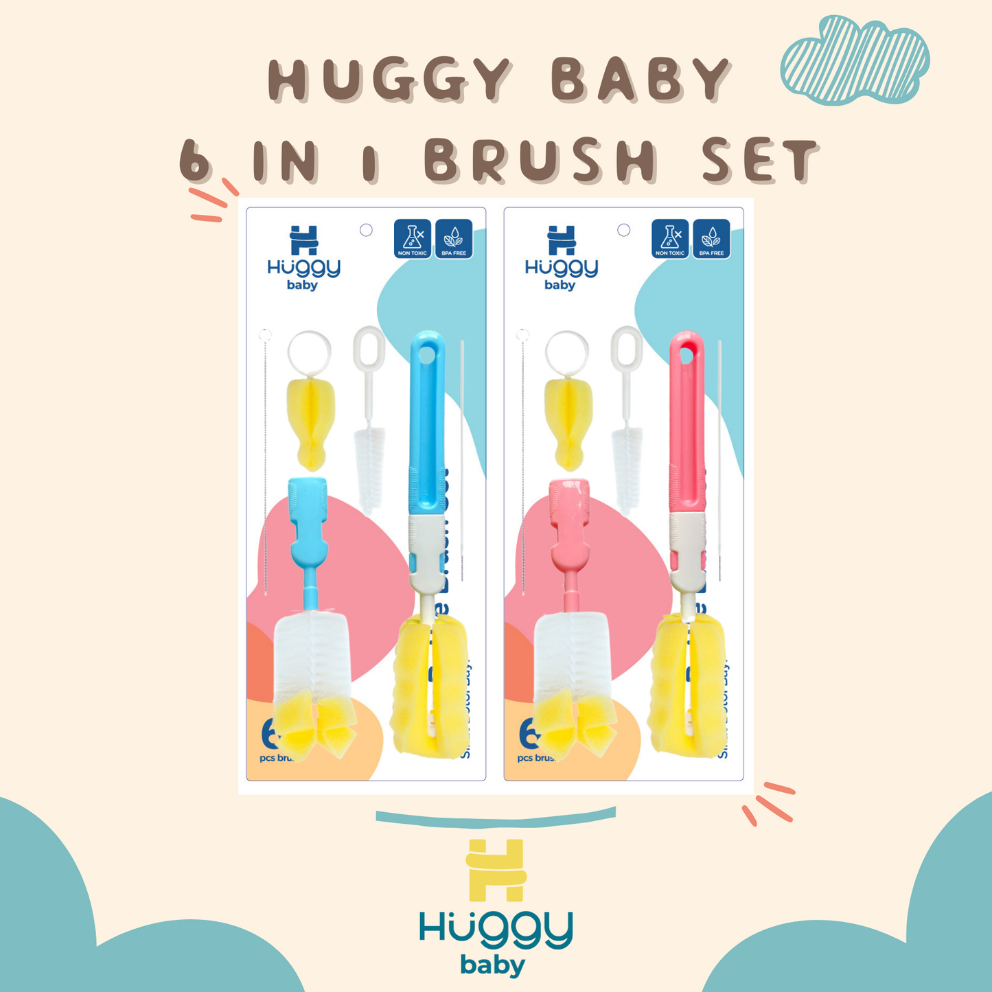 Huggy Baby BR002 6in1 Set Sikat Botol Bayi Biru