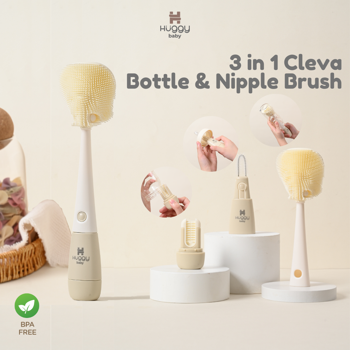 Huggy Baby BR009 Cleva 3in1 Bottle & Nipple Brush | Sikat Botol Leher Dot Anak