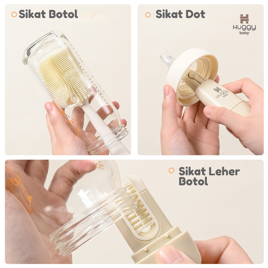 Huggy Baby BR009 Cleva 3in1 Bottle & Nipple Brush | Sikat Botol Leher Dot Anak