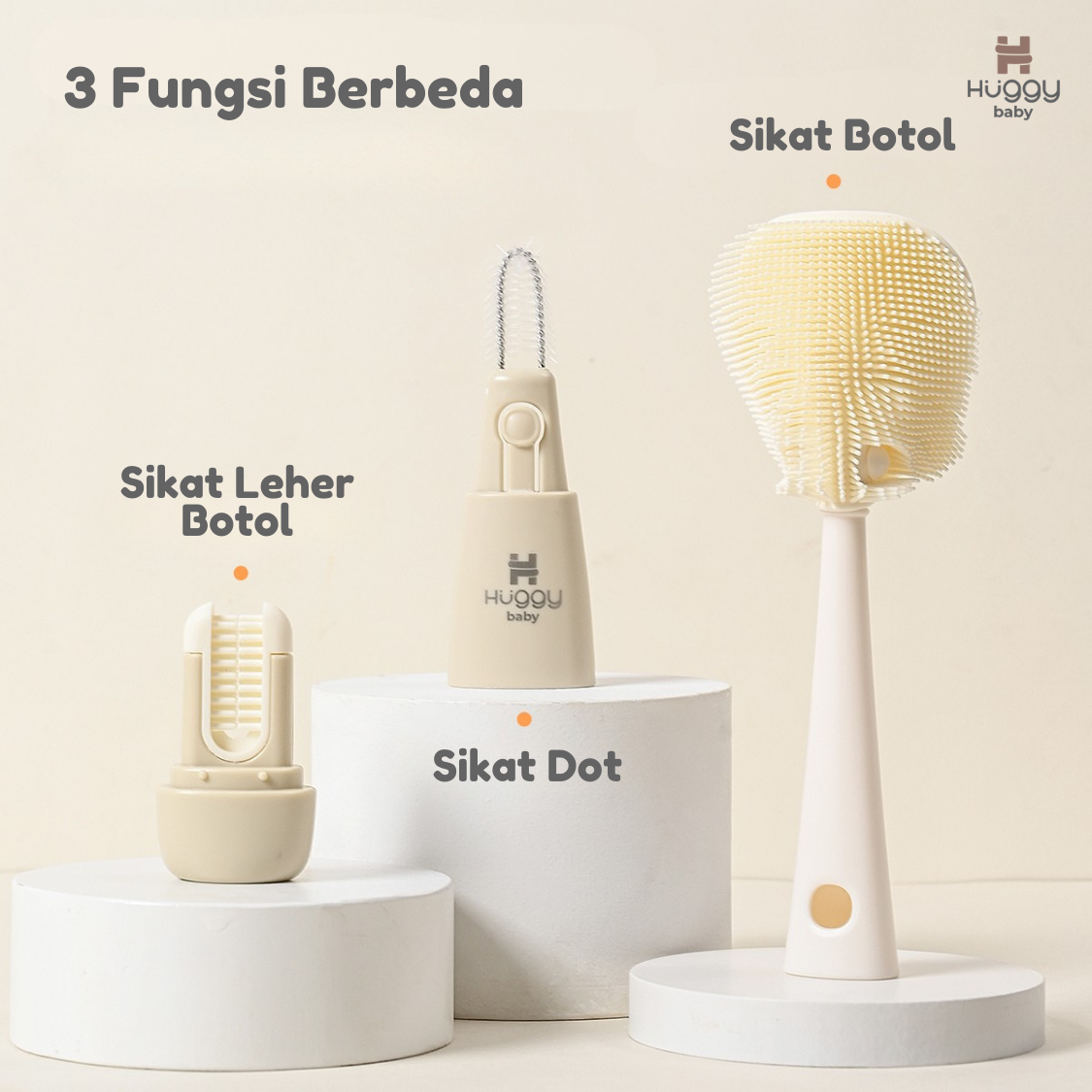 Huggy Baby BR009 Cleva 3in1 Bottle & Nipple Brush | Sikat Botol Leher Dot Anak