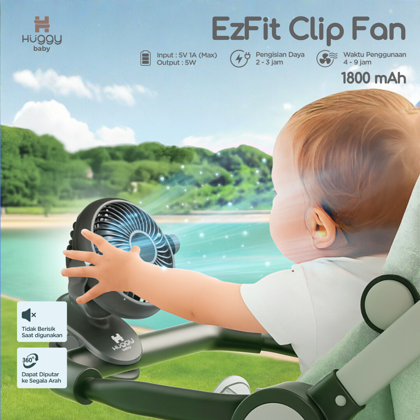 Huggy Baby FAN02 EzFit Clip Fan | Kipas Angin Stroller Anak Multifungsi