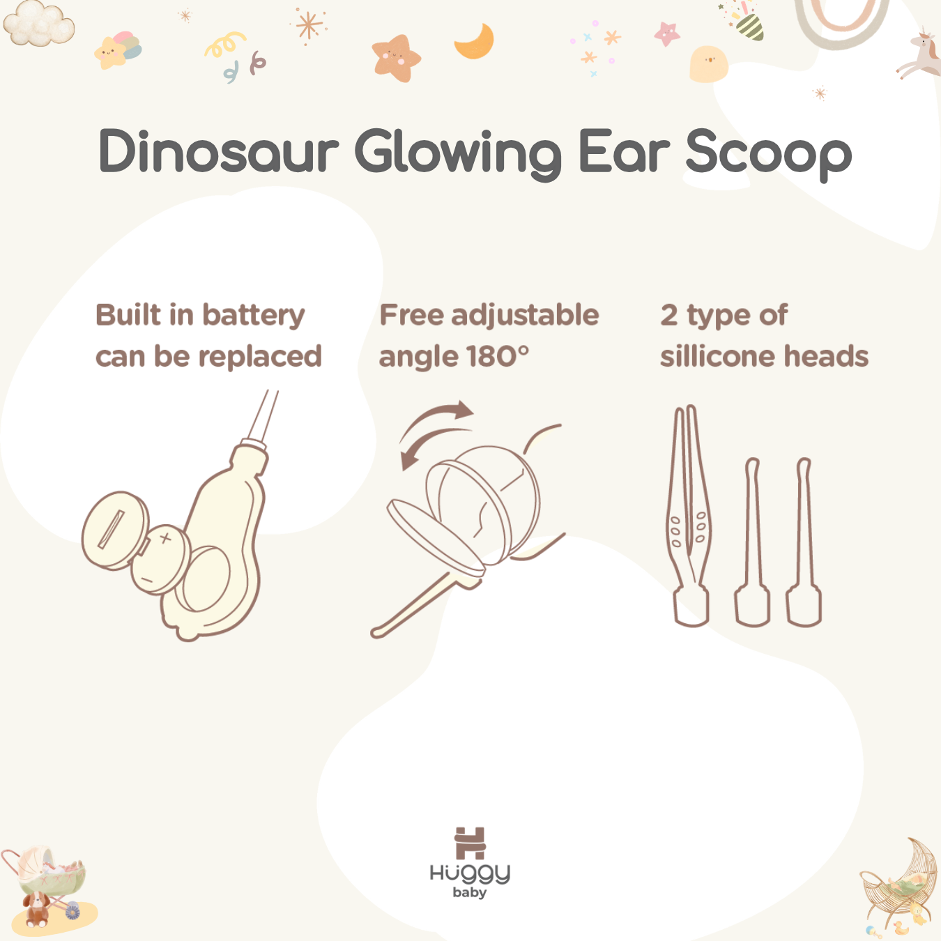 Huggy Baby ES01 Dinosaur Glowing Ear Scoop | Alat Korek Telinga LED Kaca Pembesar - Image 4