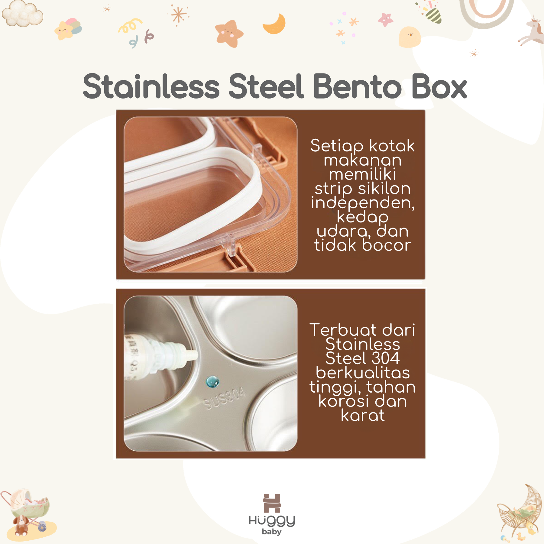 Huggy Baby KM05 Stainless Steel Bento Box | Kotak Makan Anti Tumpah - Image 2