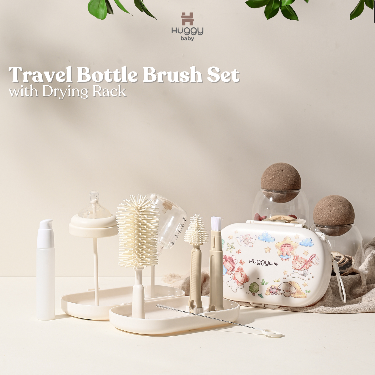Huggy Baby BR007 Travel Bottle Brush Set with Drying Rack | Sikat Botol Bayi Anak Portable