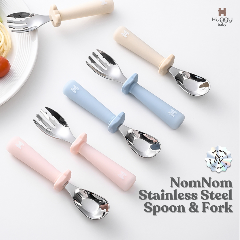 Huggy Baby SS02 NomNom Stainless Steel Spoon & Fork | Sendok Garpu Makan Anak