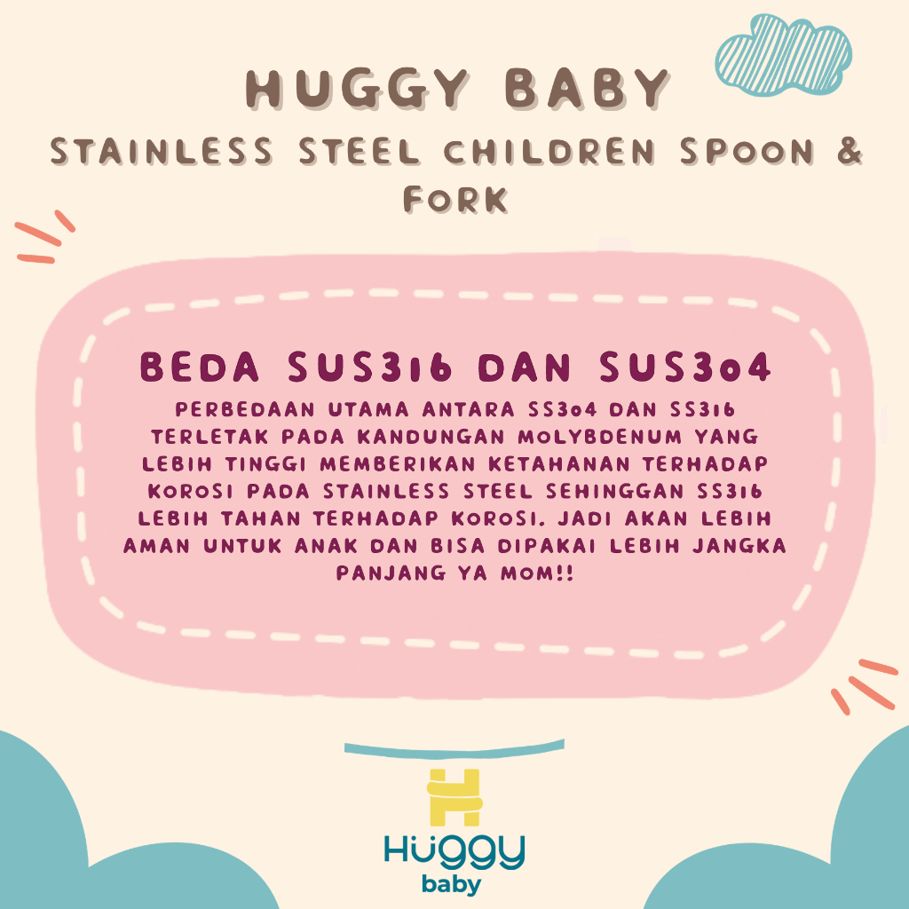 Huggy Baby SS01 Stainless Steel Spoon & Fork | Sendok Garpu Anak - Image 5