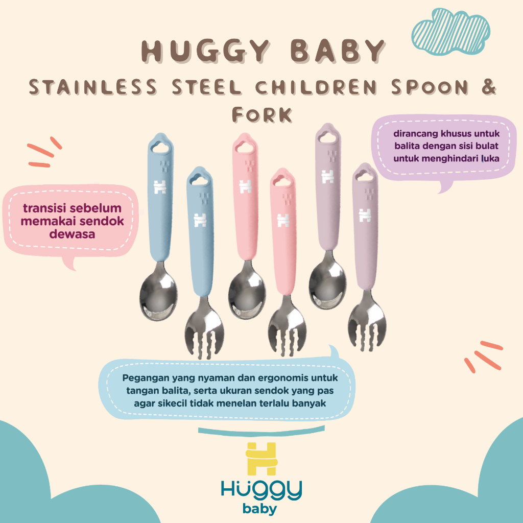 Huggy Baby SS01 Stainless Steel Spoon & Fork | Sendok Garpu Anak - Image 4