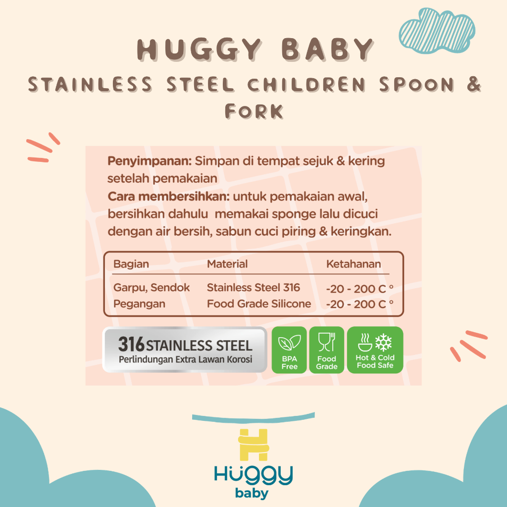 Huggy Baby SS01 Stainless Steel Spoon & Fork | Sendok Garpu Anak - Image 3