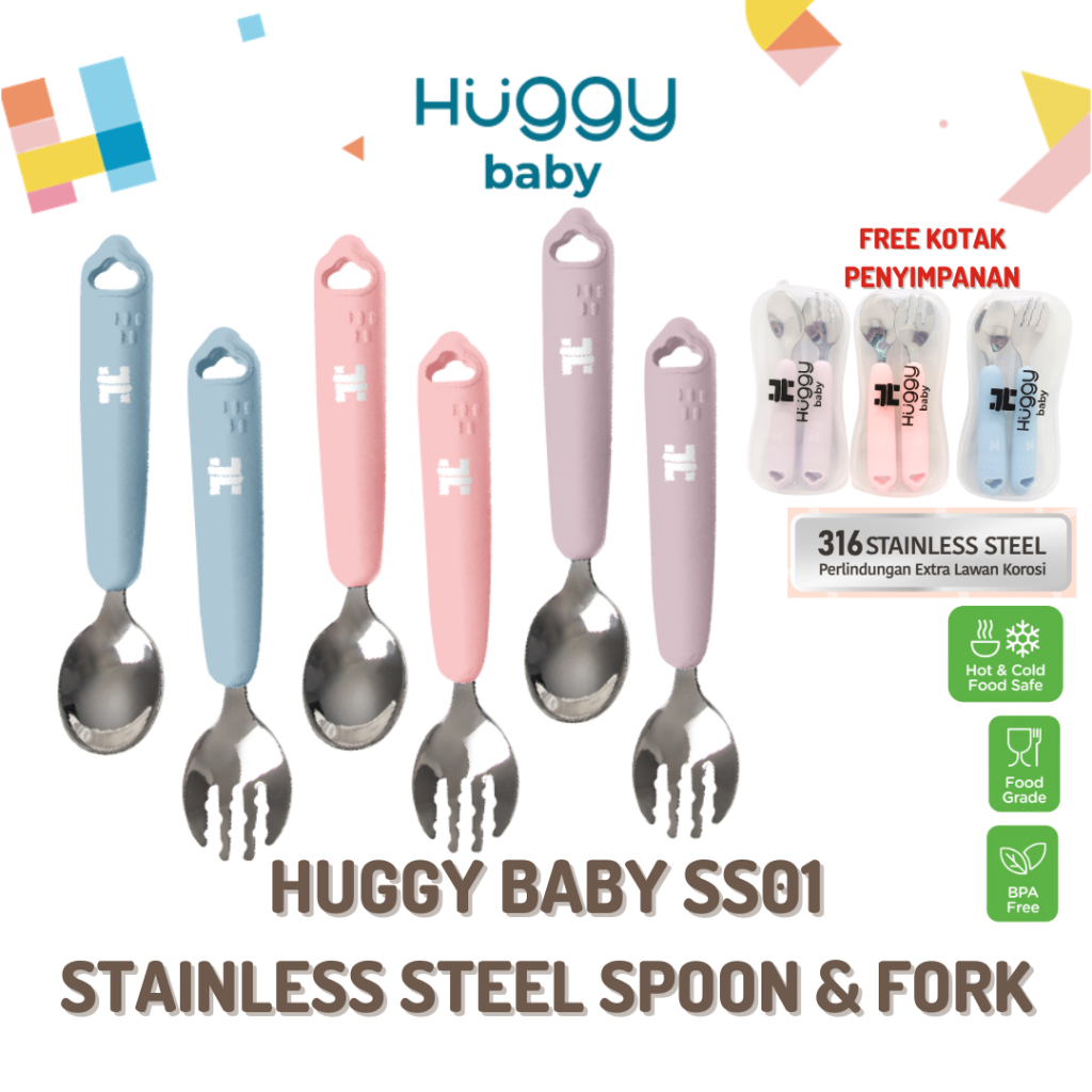 Huggy Baby SS01 Stainless Steel Spoon & Fork | Sendok Garpu Anak